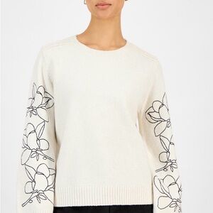 Tahari Cream Crewneck Sweater with Black Floral Sleeve Outline